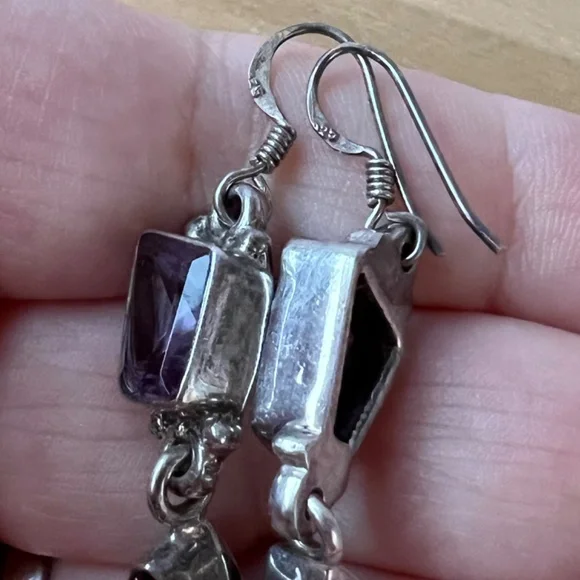 VINTAGE AMETHYST GARNET DROP DANGLE LONG EARRING925 STERLING SILVER UNIQUE CUT